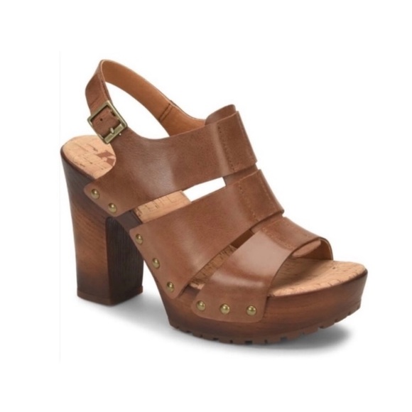 Kork Ease Selyse Platform Brown Tan Leather Block Wooden Comfy Heel Sandals Sz 8 - Picture 1 of 8